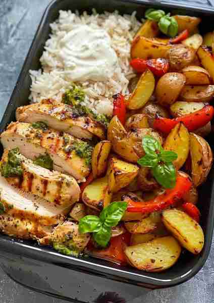 🍅🌿🐔 Garlic Chicken & Roasted Potatoes with Creamy Pesto Sauce and Garlic & Herb-Infused Rice—a vi...