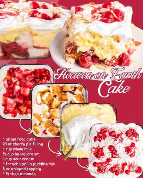HEAVEN ON EARTH CAKE! 🍰 1 angel food cake 🍰 21 oz cherry pie filling 🍰 1 cup whole milk 🍰 ½ cup...