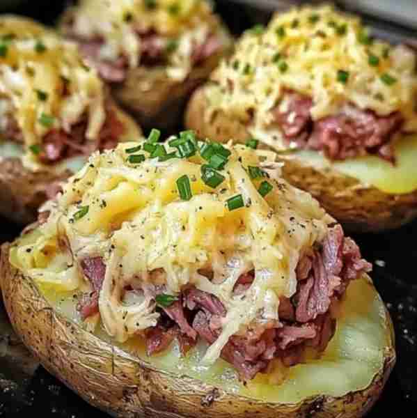 Loaded Corned Beef Taters 🥔🧀 Ingredients: 4 medium russet potatoes 1 1/2 cups cooked corned beef,...