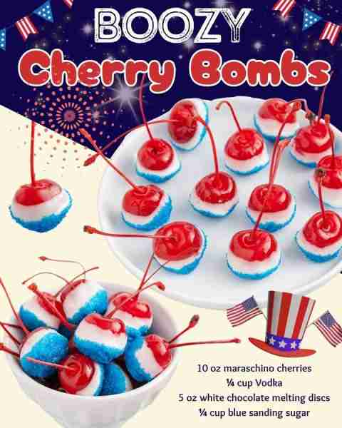 BOOZY CHERRY BOMBS! 10 oz maraschino cherries ¼ cup Vodka 5 oz white chocolate melting discs ¼ cup b...