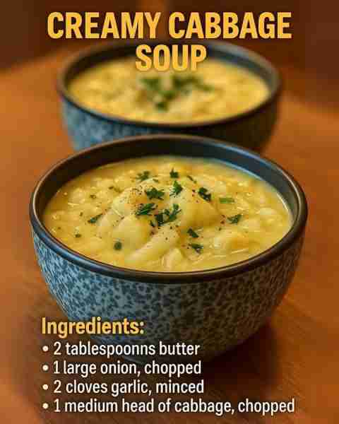 Creamy Cabbage Soup First 4 Ingredients: 1. 2 tablespoons butter 2. 1 large onion, chopped 3. 2 clov...