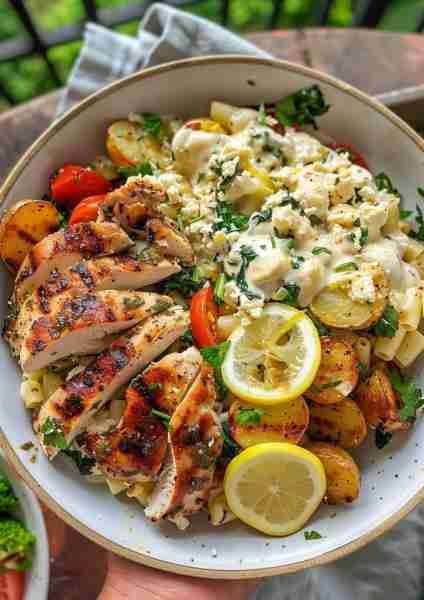 🍋🌿🐔 Lemon Ricotta Herb Chicken Alfredo with Crispy Garlic-Herb Roasted Potatoes—a bright and crea...