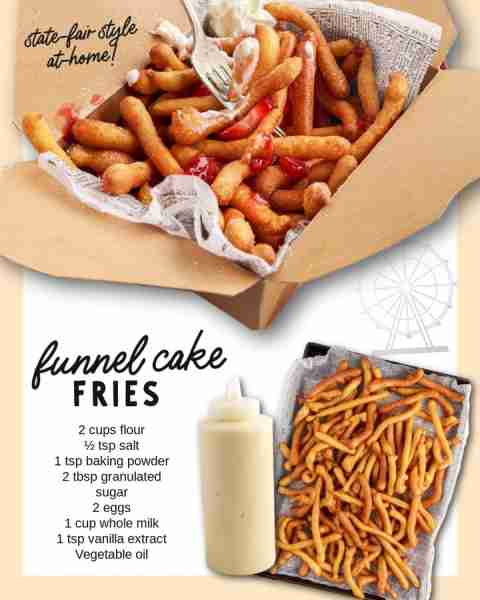 Funnel Cake Fries! Try it at home~~ Ingredients 2 cups all-purpose flour ½ teaspoon salt 1 teaspoon...