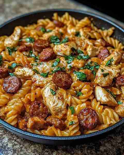 Cajun Chicken and Sausage Pasta Skillet Ingredients: 12 oz rotini or penne pasta 1 lb chicken breast...