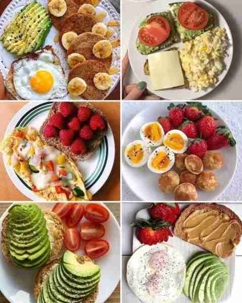 Avocado, Banana & Pancake Plate 🥑🍳🥞🍌🍯 Sliced avocado with seeds Sunny-side egg Mini pancakes wi...