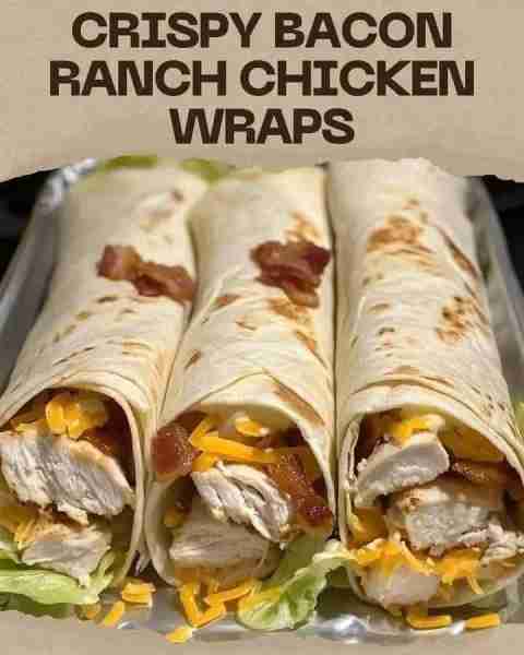 Crispy Bacon Ranch Chicken Wraps Ingredients: 2 cups cooked, shredded chicken ½ cup ranch dressing 1...