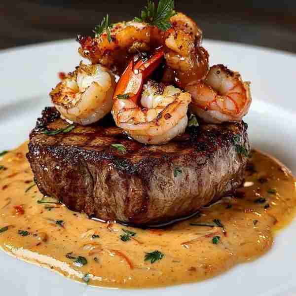 Gourmet Surf & Turf: Filet Mignon with Grilled Shrimp, Crab, and Creamy Herb Sauce Ingredients: For...