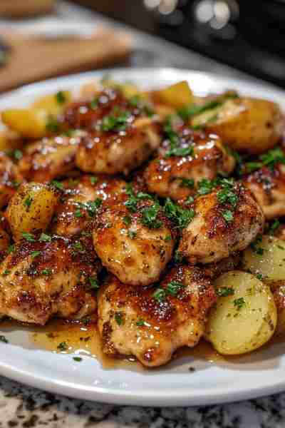 🍯🌿🐔 Creamy Hot Honey Garlic Chicken Alfredo & Truffle Pesto Potatoes—a decadent and flavorful dis...