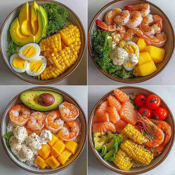 Bowl 1: Avocado, Corn, and Egg Bowl 🥑🌽🥚 Ingredients: 🥑 Sliced avocado 🌽 Corn on the cob (cooked...