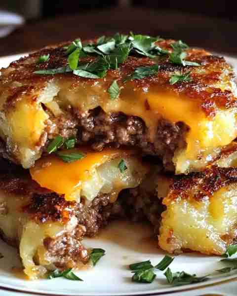 Cheesy Beef Stuffed Potato Cakes Ingredients 4 large potatoes, peeled and grated 1 pound ground beef...