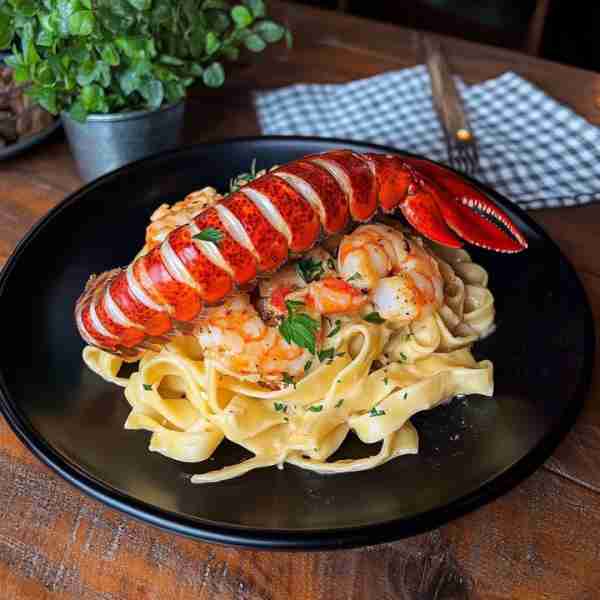 Creamy Fettuccine Alfredo with Shrimp & Grilled Lobster Tail A decadent pasta dish featuring silky A...