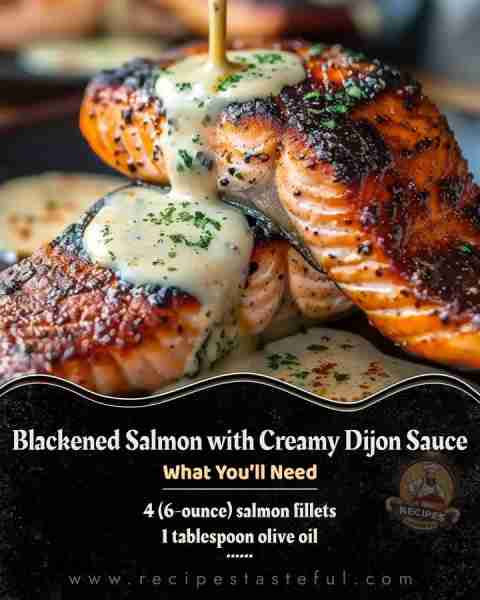 Blackened Salmon with Creamy Dijon Sauce Ingredients: For the Salmon: 4 (6-ounce) salmon fillets 1 t...