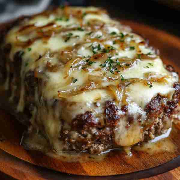 French Onion Meatloaf with Melted Swiss Cheese Ingredients: 2 lbs ground beef 1 large yellow onion,...