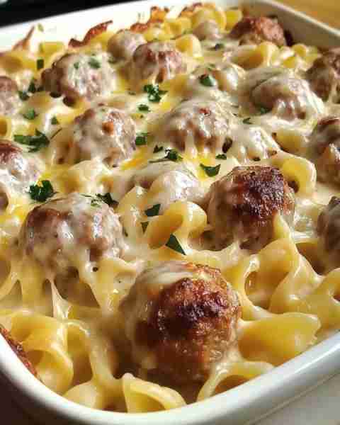 Creamy Swedish Meatball Noodle Bake Ingredients 1 lb egg noodles 1 lb pre-cooked Swedish meatballs 1...