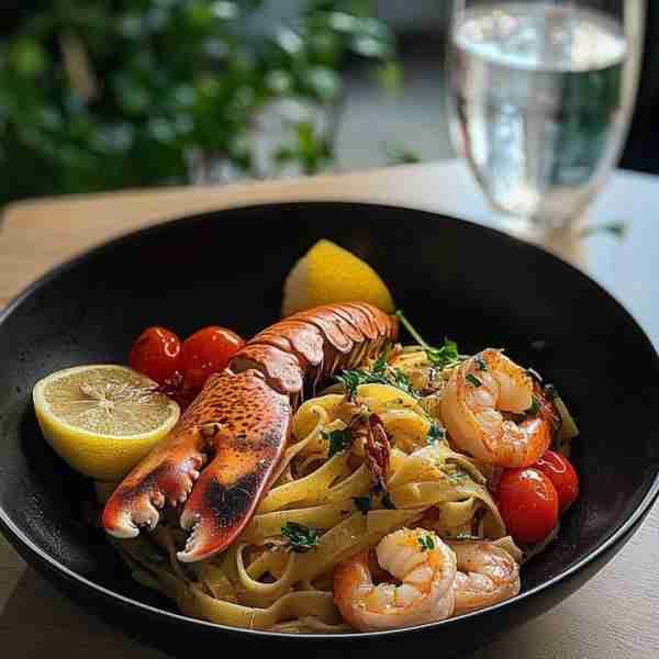 Fettuccine with Shrimp, Grilled Lobster Tail & Cherry Tomatoes A luxurious seafood pasta bursting wi...