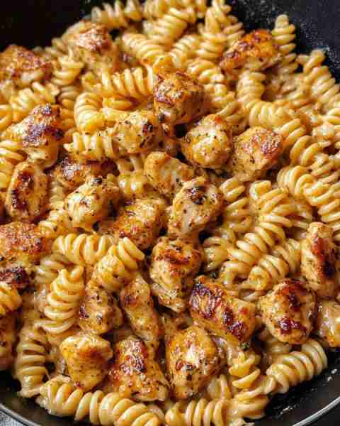 CHEESY CAJUN GARLIC CHICKEN ROTINI SKILLET Ingredients: 2 boneless, skinless chicken breasts, cut in...