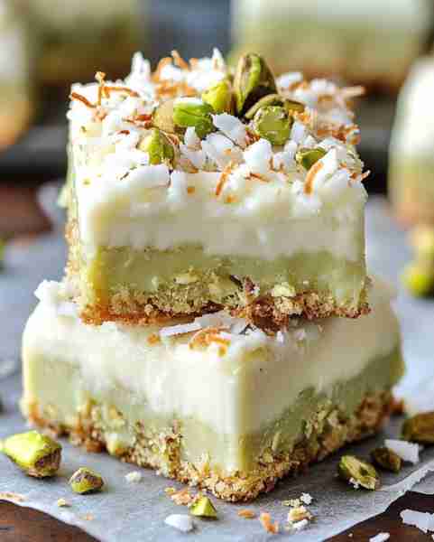 Pistachio Coconut Cream Bars Ingredients: 1 ½ cups graham cracker crumbs ½ cup unsalted butter, melt...