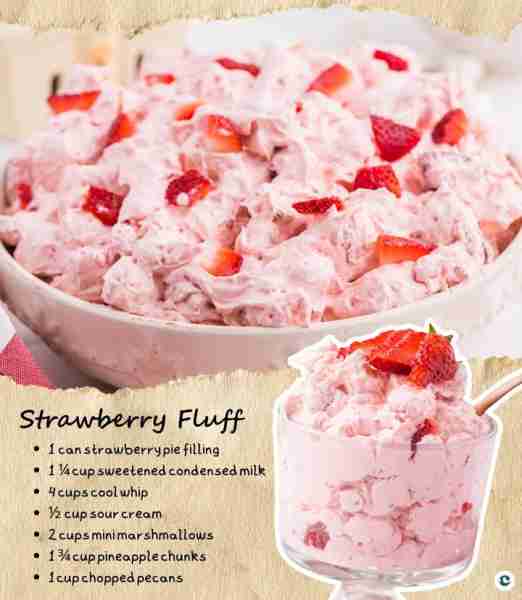 STRAWBERRY FLUFF! 🍓 21 oz can strawberry pie filling 🍓 1¼ cup sweetened condensed milk 🍓 4 cups C...