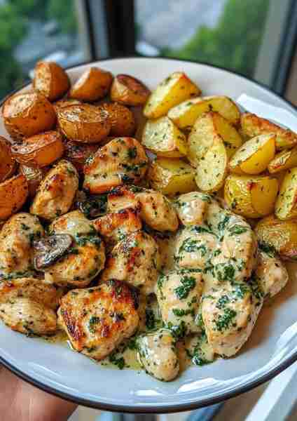 🌿🍄🐔 Garlic Mushroom Chicken Alfredo with Creamy Lemon Basil Pesto and Garlic-Roasted Crispy Potat...