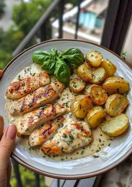 🍋🌿🐔 Creamy Lemon Basil Chicken Alfredo with Parmesan-Garlic Roasted Potatoes—a bright and fragran...
