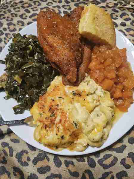 Made Sweet Potatoes, Honey Butter Jiffy, Greens, Macaroni, and Buffalo Lemon pepper Catfish ! I love...