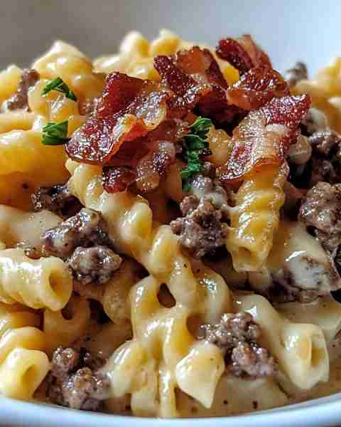 Bacon Cheeseburger Alfredo Pasta 🍝🥓 Revamp your dinner with a scrumptious twist on a classic favor...