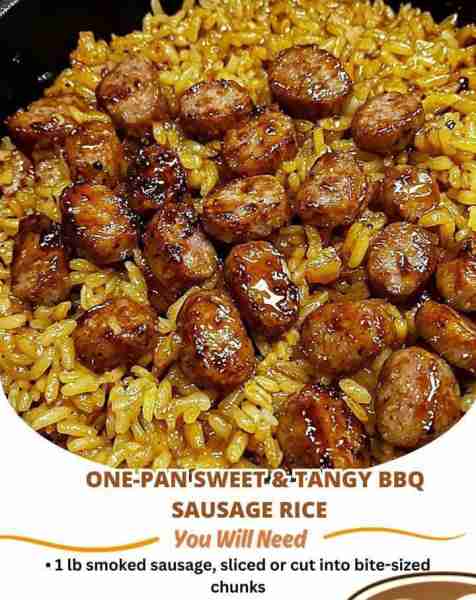 🍖 One-Pan Sweet & Tangy BBQ Sausage Rice 🍚✨ This easy, one-pan meal is packed with smoky sausage,...