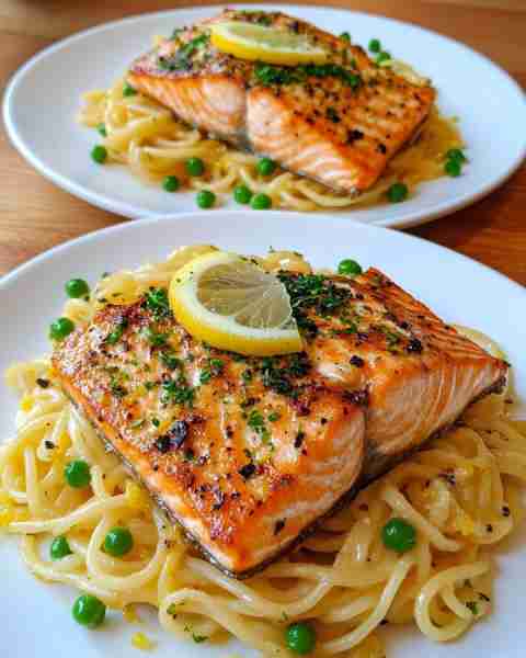 Herbed Salmon with Lemon Pea Pasta Zesty Herbed Salmon over Lemon-Garlic Pea Pasta Ingredients: 2 sa...