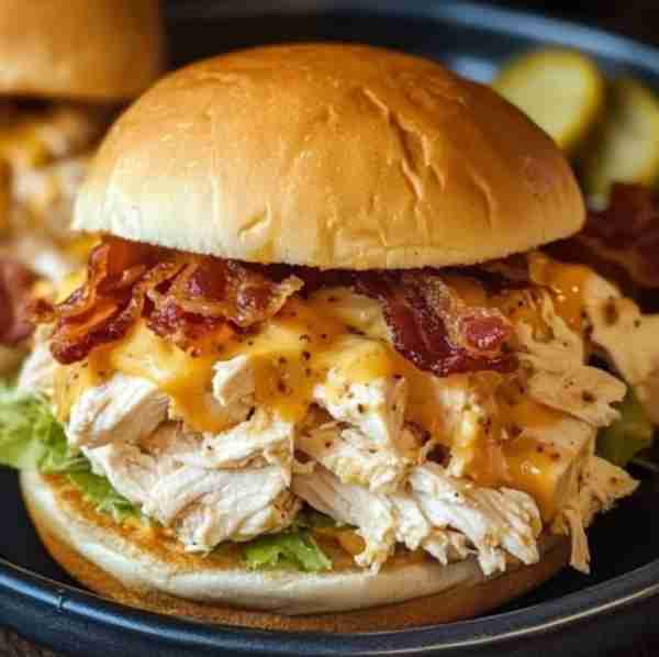 Bacon Cheddar Chicken Sandwich 🥪🔥 Ingredients: 1 cup cooked shredded chicken 2 slices cheddar chee...