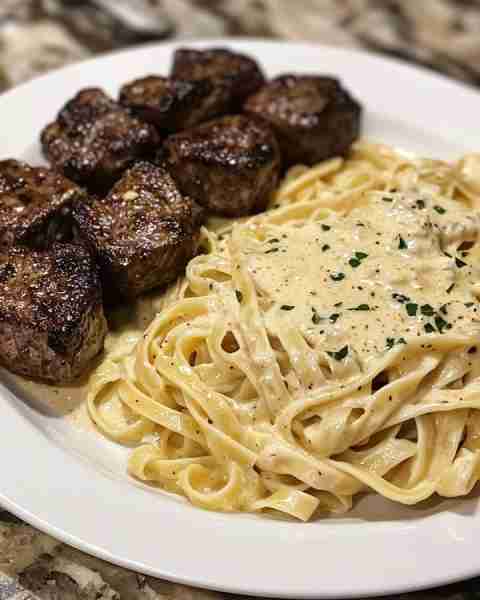Creamy Garlic Parmesan Steak Bites with Fettuccine Pasta Ingredients: 1 lb sirloin steak, cut into b...