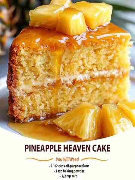 Pineapple Heaven Cake Ingredients: - 1 1/2 cups all-purpose flour - 1 tsp baking powder - 1/2 tsp sa...