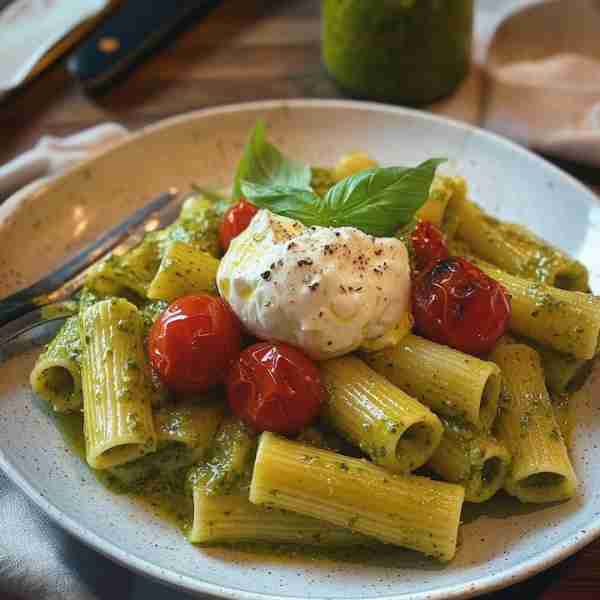 Rigatoni with Green Pesto, Roasted Cherry Tomatoes, and Burrata 🍝🍅🧀 Ingredients: 300g rigatoni pa...