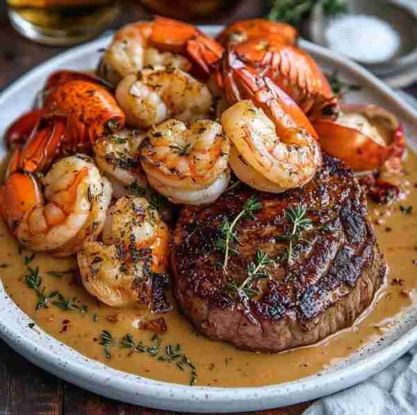 Steak w/Shrimp & Lobster Sauce😋🤤❤️ Ingredients Meat • 16 oz Filet mignon Seafood • 1/4 cup Clam, j...