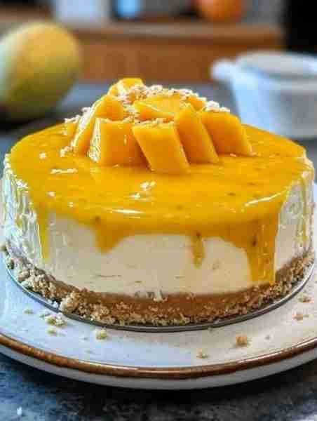Mango Coconut Cheesecake with Passion Fruit Glaze Ingredients: For the Crust: - 1 1/2 cups graham cr...