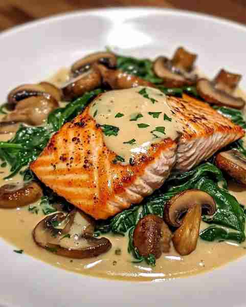 Garlic Butter Salmon with Spinach & Mushrooms in Creamy Sauce Yields: 2 servings Prep time: 15 minut...