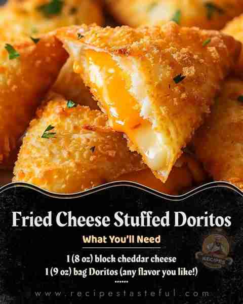Fried Cheese Stuffed Doritos Ingredients 1 (8 oz) block cheddar cheese 1 (9 oz) bag Doritos (any fla...