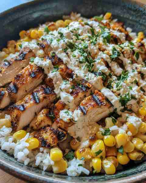 GRILLED CHICKEN RICE BOWL WITH MEXICAN STREET CORN FLAIR Ingredients: 2 boneless, skinless chicken b...