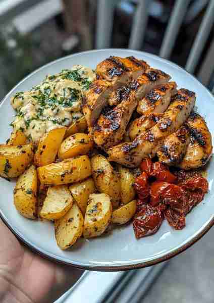 🍅🌿🐔 Tuscan Garlic Chicken & Roasted Potatoes with Sun-Dried Tomato Mushroom Pesto—a delightful ta...