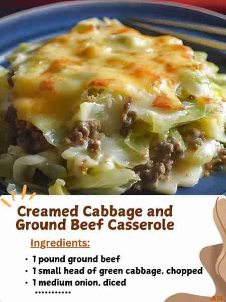 Creamed Cabbage and Ground Beef Casserole 1 pound ground beef 1 small head of green cabbage, chopp...
