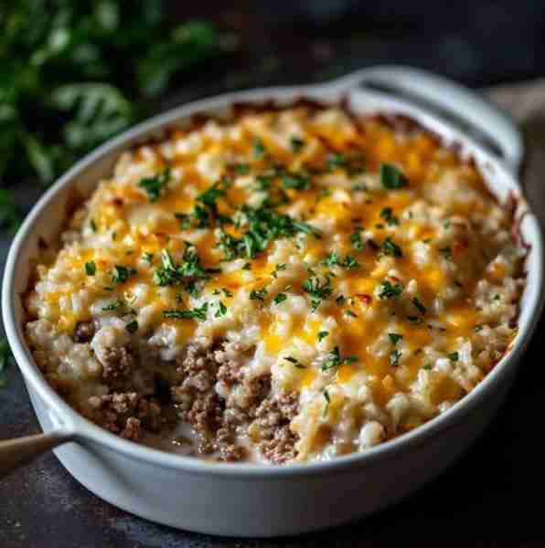 Hearty Beef and Rice Casserole with Creamy Cheddar Recipe: Ingredients: 1 lb (450g) ground beef 1 cu...