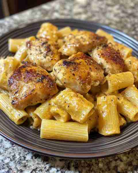 CREAMY VELVEETA CHICKEN AND RIGATONI Ingredients: 2 boneless, skinless chicken breasts, cut into bit...