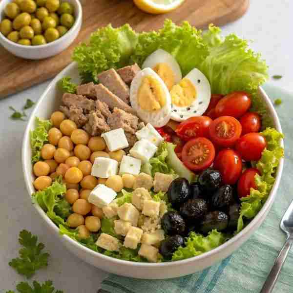 🥗 Protein-Packed Mediterranean Salad Bowl Ingredients: 🥬 Fresh curly lettuce leaves 🐟 Tuna chunks...