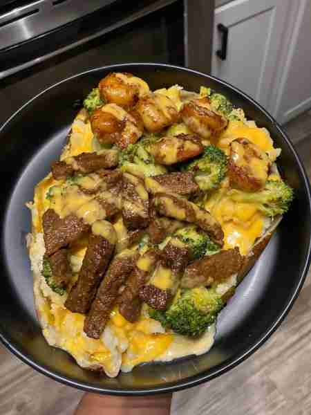 Broccoli and Cheese Loaded Potatoe + Steak & Shrimp