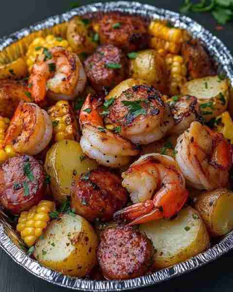 Shrimp, Corn, Potatoes, and Smoked Sausage Foil Pack Ingredients: 1 lb shrimp (peeled and deveined)...