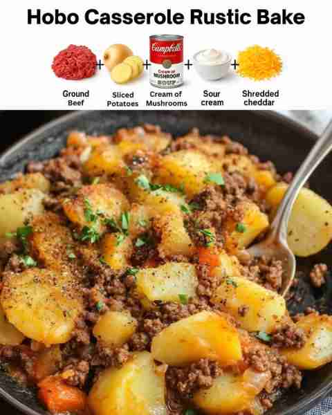 Hobo Casserole: Rustic Ground Beef and Potato Bake Ingredients: 1 pound lean ground beef ½ cup yello...