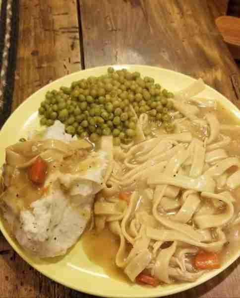 Chicken And Amish Noodles That Are Cooked In A Homade 27 Hour Bone Broth,Homade Mashed Potatoes Made...