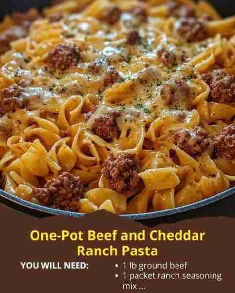 One-Pot Beef and Cheddar Ranch Pasta Ingredients: 1 lb ground beef 12 oz rotini or elbow pasta 1 pac...