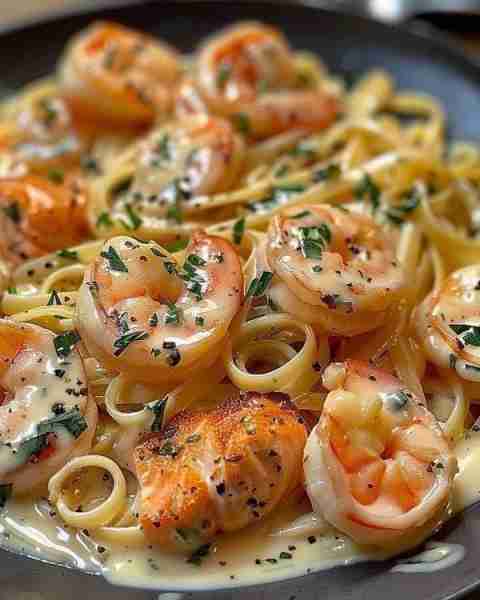 Shrimp Alfredo Pasta Ingredients: 1 lb (450g) large shrimp, peeled and deveined 8 oz (225g) fettucci...