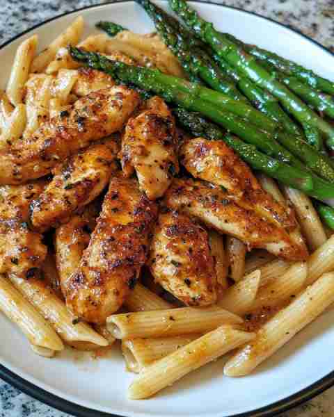CREAMY CAJUN CHICKEN AND ASPARAGUS PENNE Ingredients: 2 boneless, skinless chicken breasts, cut into...
