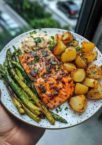 🌿🐟🥔 Garlic Herb Salmon with Asparagus and Potatoes—a simple yet elegant and flavorful dish! Flaky...